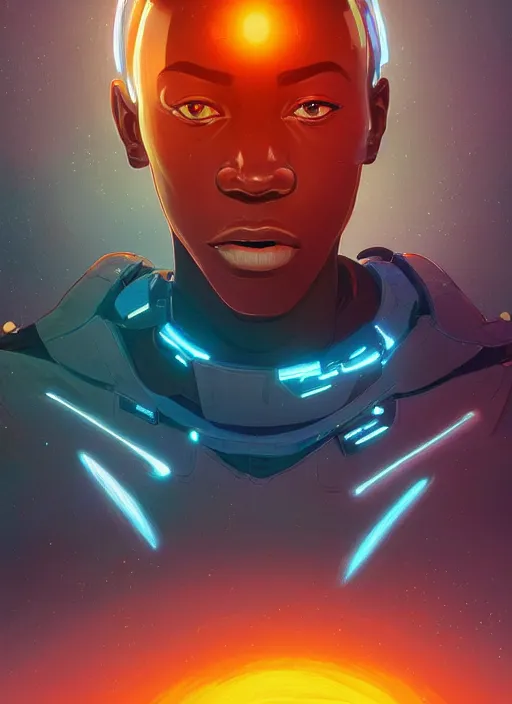 Prompt: detailed digital painting portrait of young black man cyborg with holographic computer displays hovering in front of his face, digital painting artstation, fanart behance hd by jesper ejsing, by rhads, makoto shinkai and lois van baarle, ilya kuvshinov, rossdraws, dramatic sunset, global illumination, radiant light, detailed and intricate environment