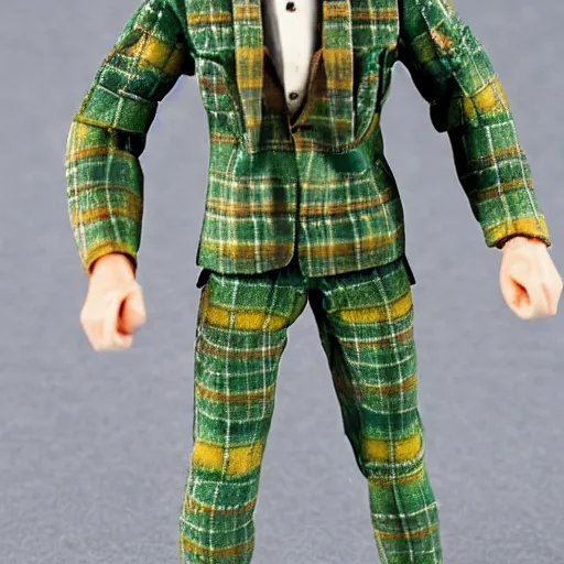 Image similar to plastic wolfman action figure with faded green face dressed in a plaid suit. 1 9 7 9 vintage