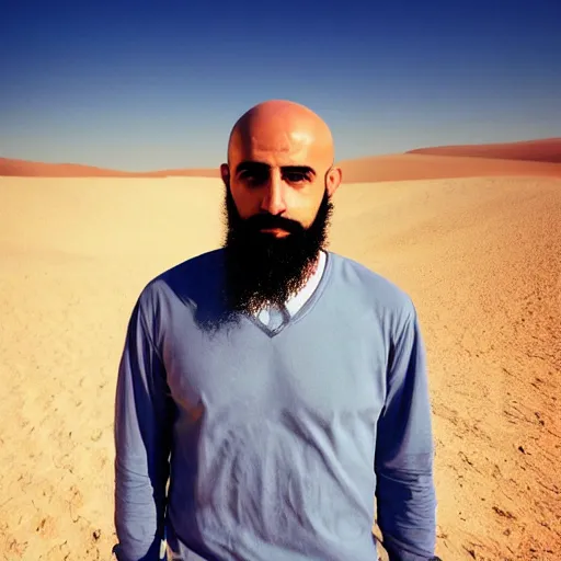 Image similar to real life photo of a Syrian man, bald head, full beard, blue watery eyes, full round face, short smile, serene desert setting, cinematic lightning, medium shot, mid-shot, highly detailed, photorealistic, 80mm, 85mm, cinematic wallpaper