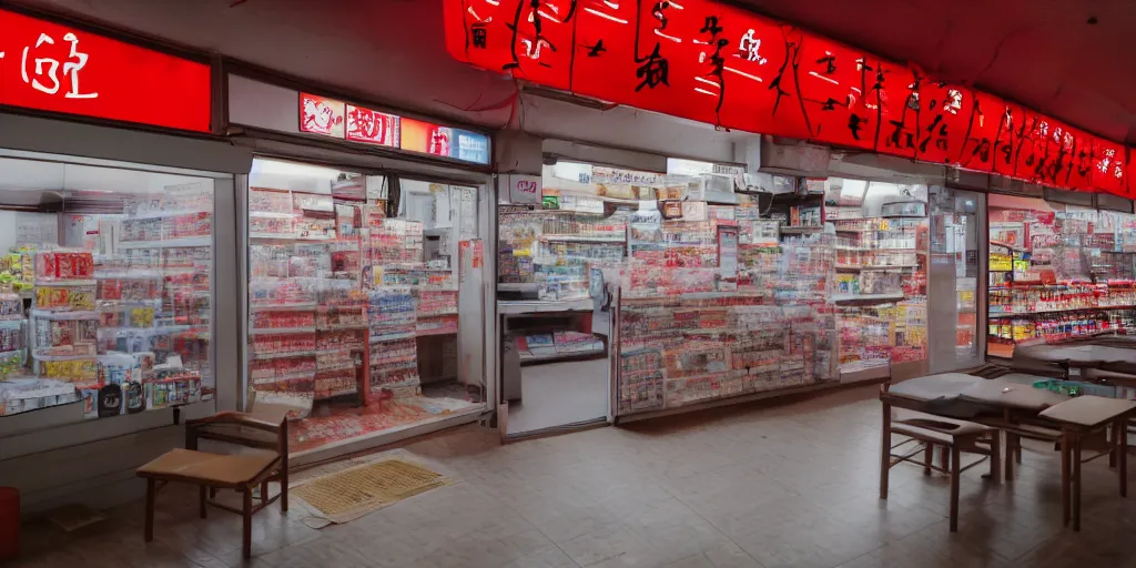 Image similar to interior of a japanese convenient store after midnight, large windows with a view of a parking lot, grey interior, low lights, red glow of japanese neon signs, kitchen in the background, desolate, cinematic, 8 k