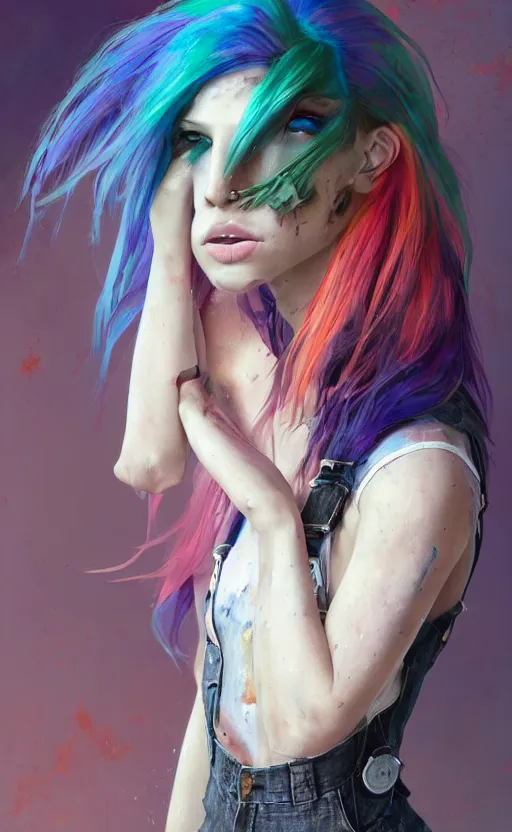 Prompt: a grungy paint woman with rainbow hair, drunk, angry, soft eyes and narrow chin, dainty figure, long hair straight down, torn overalls, basic white background, side boob, symmetrical, single person, style of by Jordan Grimmer and greg rutkowski, crisp lines and color,