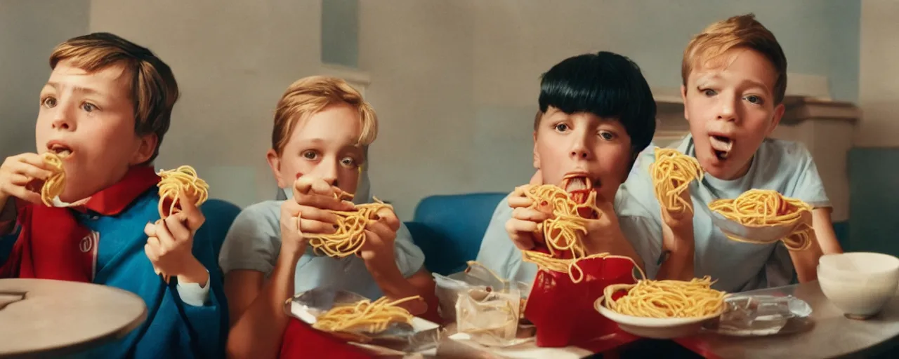 Image similar to a boy and girl at the movies snacking on a spaghetti container, kodachrome, in the style of wes anderson, retro