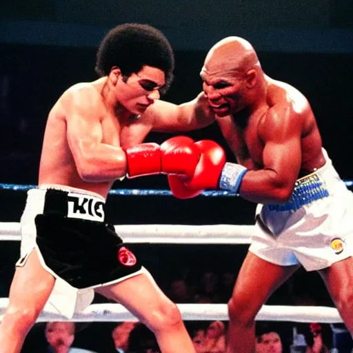 Image similar to Mike Tyson in the boxing Ring with popstar Michael Jackson at Madison square garden 1990