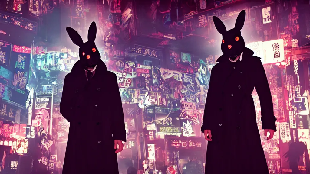 Image similar to a man in a trench coat wearing a black rabbit mask standing in a cyberpunk club on the dance floor , film still from the an anime directed by Katsuhiro Otomo with art direction by Salvador Dalí, wide lens