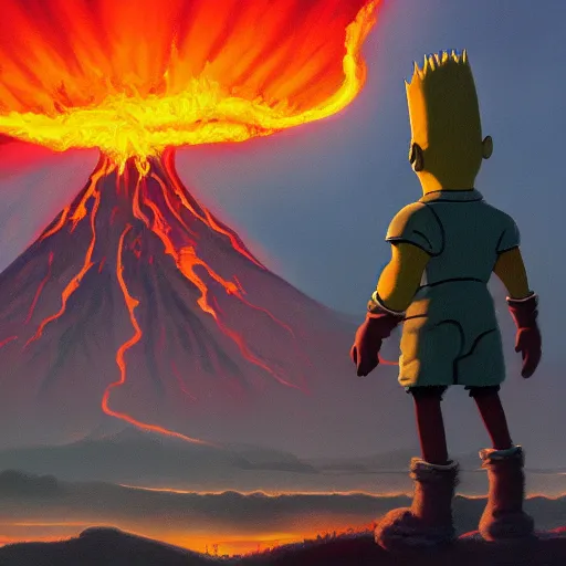 Image similar to a painting of bart simpson walking through mordor towards mount doom. Lava flowing and the eye of sauron in the distance. Detailed trending on artstation.