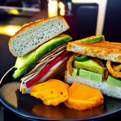 Prompt: sandwich with fried tofu, also one tomato slice, two onion rings, avocado and cheddar, over a dish, with a sunset background and saturn and stars in the sky, amazing light