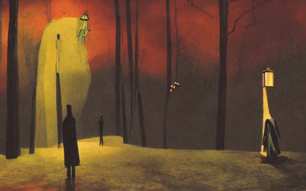 Image similar to high quality high definition colorized movie still from The Cabinet of Doctor Caligari: a lonely ghost walking alone at night in the woods, high quality oil painting, iridescent color palette