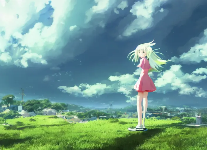 Image similar to illustration of a wide shot green hills with clouds in the background, cute anime girl with platinum blonde hair and big eyes in foreground, anime key visual, official media, illustrated by wlop, extremely detailed, 8 k, trending on pixiv, cinematic lighting, beautiful