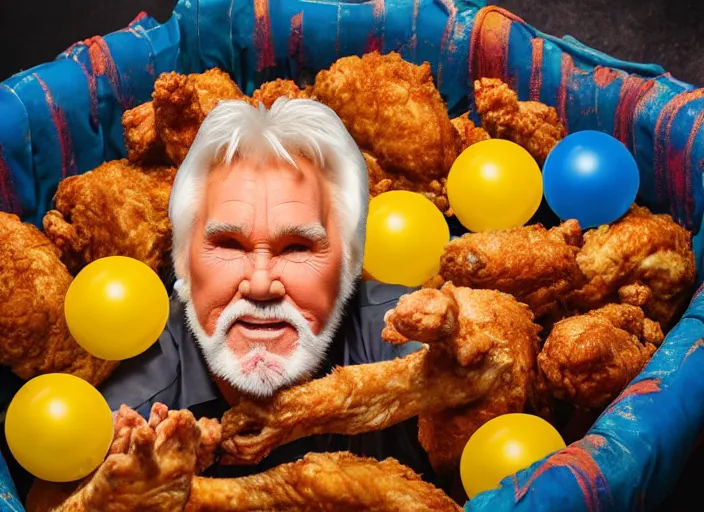 Image similar to photo still of kenny rogers in a ball pit of fried chicken!!!!!!!! at age 4 6 years old 4 6 years of age!!!!!!!! hiding from parents, 8 k, 8 5 mm f 1. 8, studio lighting, rim light, right side key light