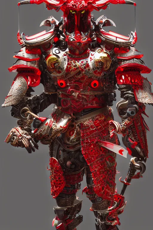 Image similar to high detail portrait of a mechanical dragon samurai in red japanese armor, full body, Concept Art, octane render, 8k, artstation