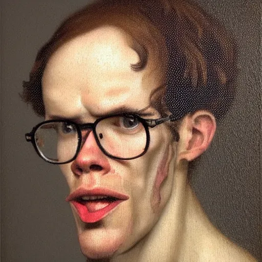 Image similar to A 17th century Baroque Painting of iDubbbz, grainy, realistic, hyperrealistic, very realistic, very very realistic, highly detailed, very detailed, extremely detailed, detailed, digital art, trending on artstation, detailed face, very detailed face, very detailed face, realism, HD Quality, 8k resolution, intricate details, body and head in frame, painting, oil painting, trending on deviantart, Baroque Painting