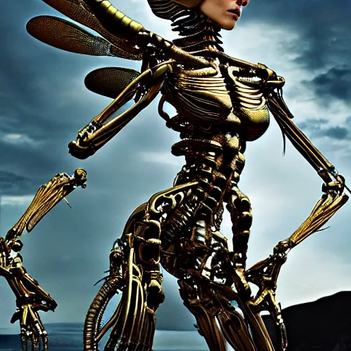 Image similar to still frame from Prometheus movie by Makoto Aida, biomechanical dragonfly angel gynoid, metal couture by neri oxmn and Guo pei, editorial by Malczewski and by Caravaggio