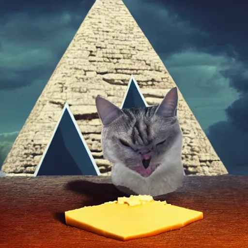 Image similar to Pyramid made of cheese, with a cat head on top, a giant guitar being played, atmospheric octane render