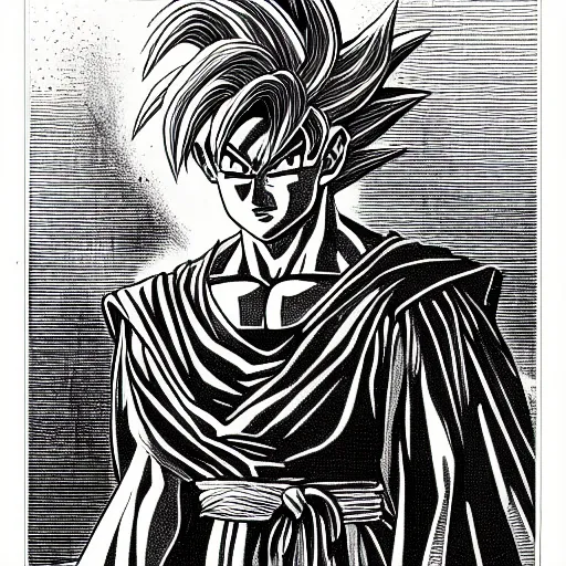 Image similar to franklin booth illustration of a man with sharp features from dragon ball z