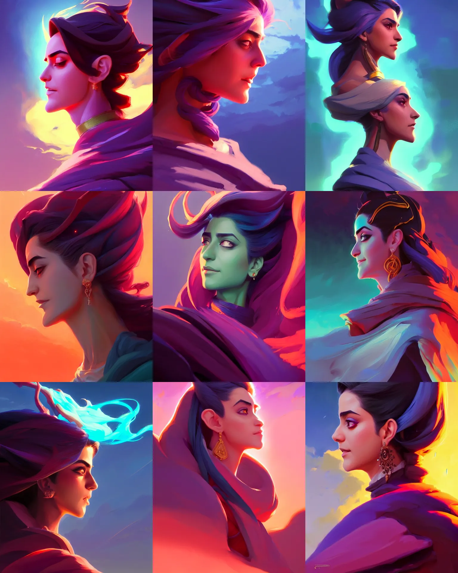 Prompt: side - profile painted portrait, maya ali as a storm sorcerer, fantastically gaudy colors, octane render, aion, matte painting concept art, official fanart behance hd artstation by jesper ejsing, by rhads and makoto shinkai and lois van baarle and ilya kuvshinov and rossdraws