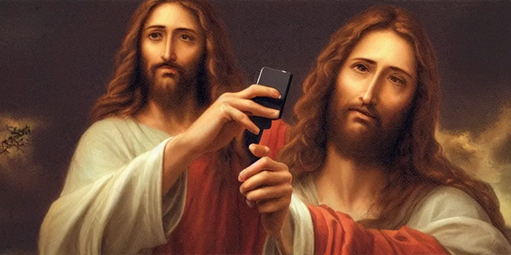 Image similar to Jesus Christ takes a selfish in 2022