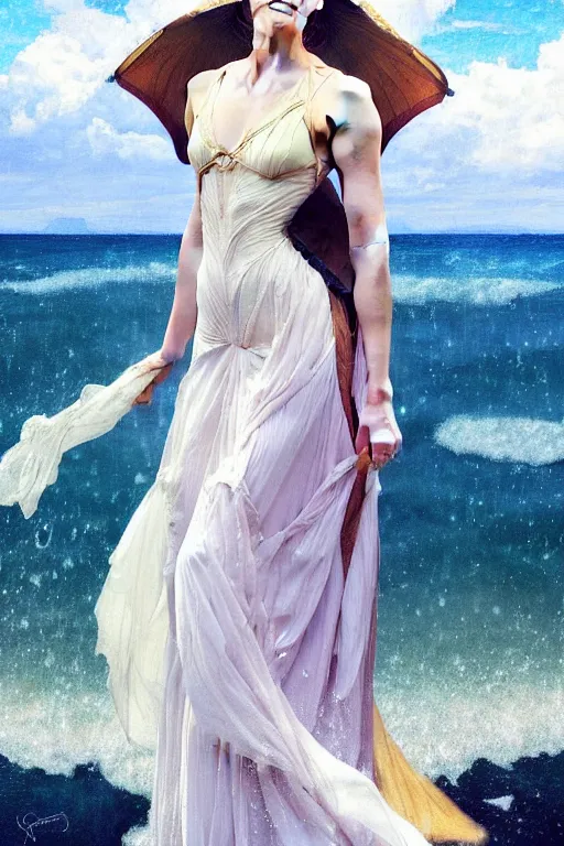 Image similar to a emma watson wearing a dress emerging from the water, oil on canvas, symetrical, 4 k, symetrical, sensuality, hyper realistic, artstation, by j. c. leyendecker and edmund blair leighton and charlie bowater, instagram photo