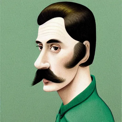 Image similar to young man, long hair!!!!, short facial hair, no mustache, dark green eyes, dark eyebrows, light widows peak light facial hair, in the style of mauritz cornelis escher, in - frame