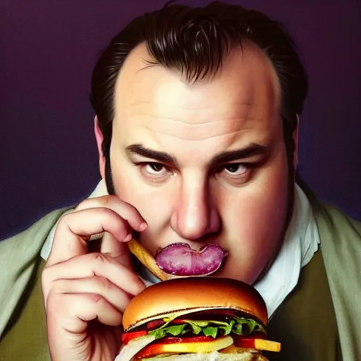 Image similar to portrait of James Gandolfini eating hamburgers, french fry background, extra onions and ketchup, luscious patty with sesame seeds, feminine ethereal, handsome, D&D, fantasy, intricate, elegant, highly detailed, digital painting, artstation, concept art, matte, sharp focus, illustration, art by Artgerm and Greg Rutkowski and Alphonse Mucha