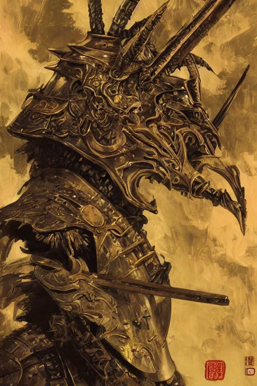 Image similar to close up of a samurai in armor resembling dragon skin and a helmet resembling a dragon head, in a dark bamboo forest, by huang guangjian and gil elvgren, sachin teng, greg manchess