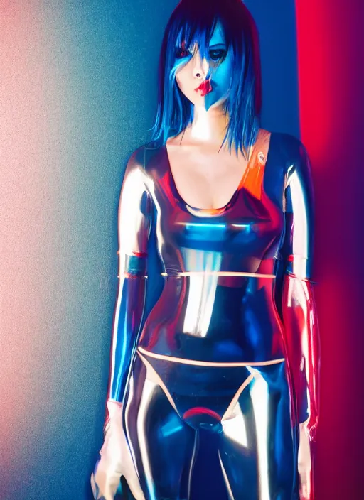 Image similar to a close-up risograph long shot of cyberpunk japanese model girl with black eyes and visible face wearing latex catsuit and lots of transparent and cellophane accessories, blue hour, twilight, cool, portrait, soft red lights, Kodachrome, ISO1200,