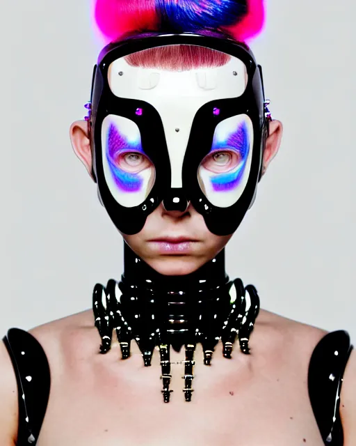 Image similar to symmetrical portrait of a biomechanical cyborg wearing a silicone swarovski studded iridescent beauty mask and neon hair buns, wearing a black bodysuit by alexander mcqueen, cream white background, soft diffused light, biotechnology, humanoid robot, bjork aesthetic, translucent, by rineke dijkstra, intricate details, highly detailed, masterpiece,