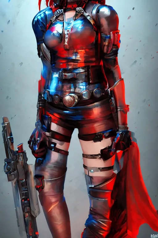 Image similar to portrait of Harley Quinn in bikini armor, dc comics, cyberpunk, Warhammer 40000, digital art from artstation