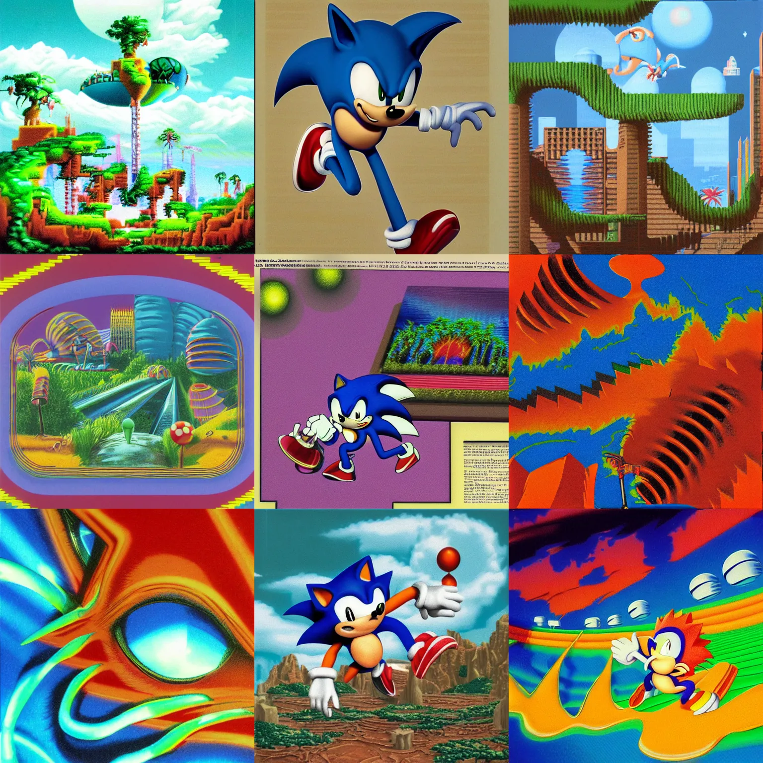 Prompt: retro 1 9 8 0 s portrait of sonic hedgehog matte painting landscape of a surreal, sharp, detailed professional, soft pastels, high quality airbrush art album cover of a liquid dissolving airbrush art lsd dmt sonic the hedgehog swimming through cyberspace, blue checkerboard, 1 9 9 0 s 1 9 9 2 sega genesis rareware video game album cover