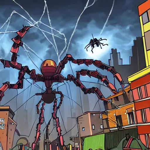 Image similar to giant robotic spider crashing down on a city destroying everything in his path