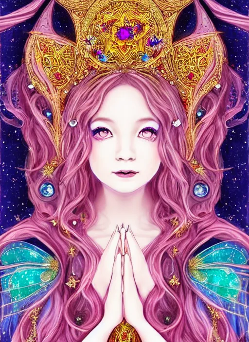 Image similar to fantastic portrait of a beautiftul witch pray with some shinny star, cloak, royally decorated crystal gemstones, symmetrical face, art nouveau, portrait, cute, fairy, by mai yoneyama, detailed background, artstation, intricate, elegant, highly detailed, colorful, maximalist