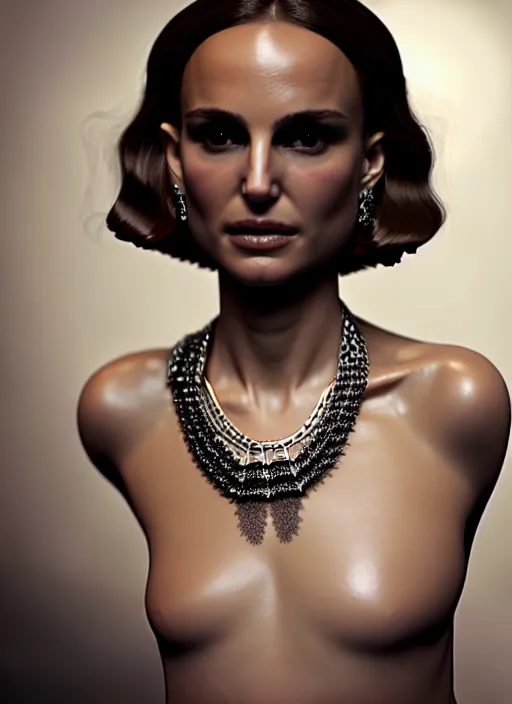 Image similar to a melting wax model of an absurdly beautiful, graceful, sophisticated, fashionable woman, natalie portman, in the style of irakli nadar and alexandre ferra, white porcelain skin, faberge, intricate chrome chains, dark atmosphere, unreal engine 5 highly rendered, global illumination, radiant light, detailed and intricate environment