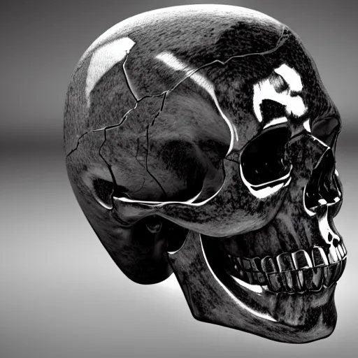 Image similar to a human skull with cybernetic hardware wrapped around it