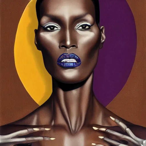 Prompt: a professionally painted african female model , grace jones, clothed in ancient, dark skin, dark gold hair, beautiful bone structure, symmetrical facial features, stunningly beautiful, intricate, elegant, digital painting, smooth, sharp focus, illustration, made by Kehinde Wiley, Kara Walker, Jacob Lawrence