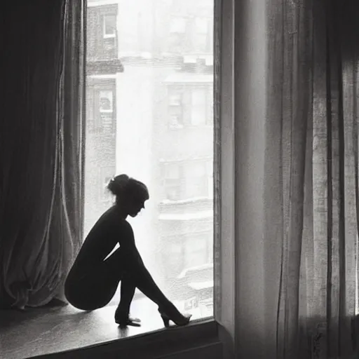 Image similar to “ a girl holding a cup of coffee looking out a window overlooking the east village in new york city, morning light, by rolf armstrong ”