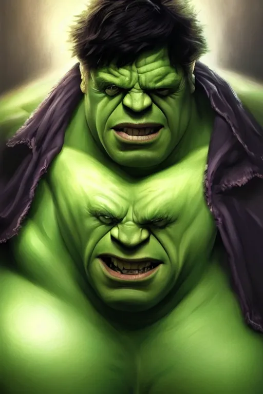 Image similar to Boris Johnson as Hulk, visible face, Boris Johnson hairstyle, full body realistic portrait, highly detailed, digital painting, artstation, concept art, smooth, sharp focus, illustration, cinematic lighting, art by artgerm and greg rutkowski and alphonse mucha