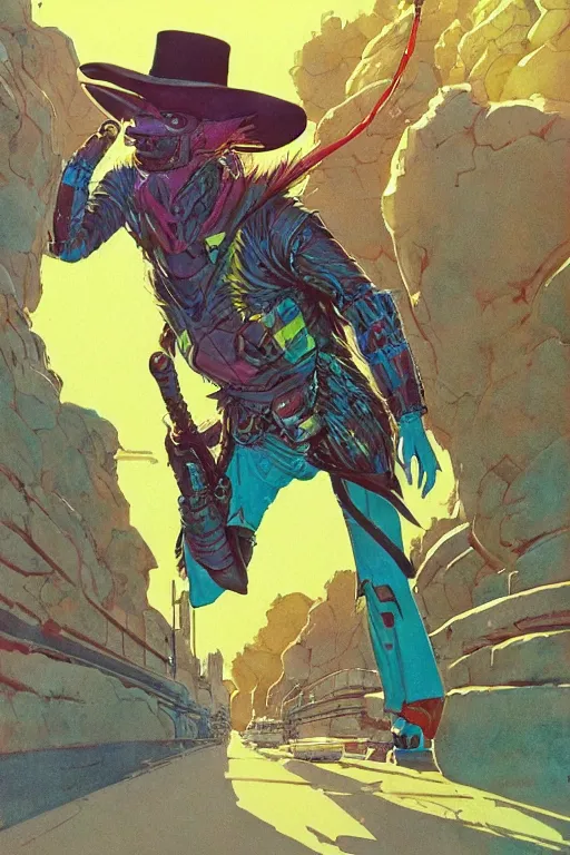 Image similar to wide angle on fantasy emu rider with hat, scifi, art by moebius or juan gimenez, in watercolor gouache detailed paintings, in style of syd mead, colorful comics style, artstation