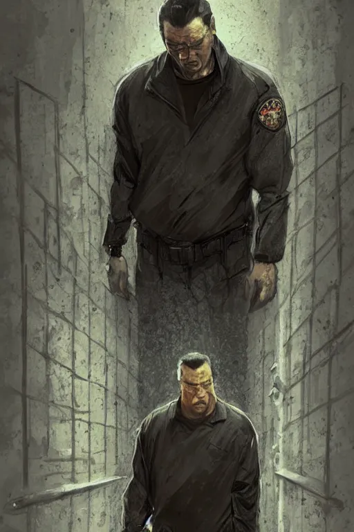 Image similar to sad steven seagal full body portrait in jail cell, cell bars, cell bars, cell bars, cell bars, cell bars, cell bars, intricate, highly detailed, digital painting, artstation, concept art, smooth, sharp focus, illustration, whimsical background by marc simonetti, artwork by liam wong