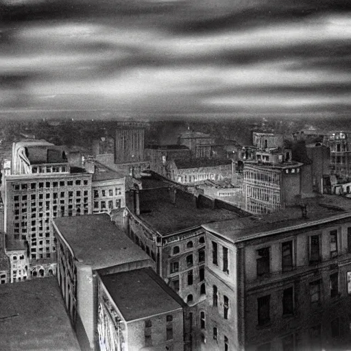 Prompt: full color ultra realistic photo of a balcony view of 1 9 2 5 boston downtown with a broken and distorted sky, dark, brooding, night, atmospheric, ultra - realistic, smooth, highly detailed