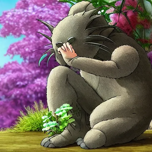 Image similar to creature sitting at the flower made by studio ghibli, detail, high quality, detailed creature, beautiful scene, smooth