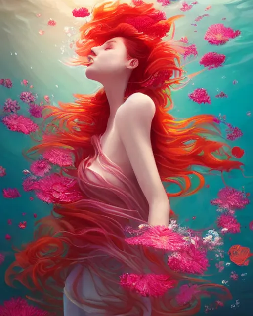 Prompt: red-haired summer woman in a swirling dress of flowers, underwater, floral couture, radiant light, flowery fashion, vortex of petals, by WLOP and artgerm, artstation, deviantart