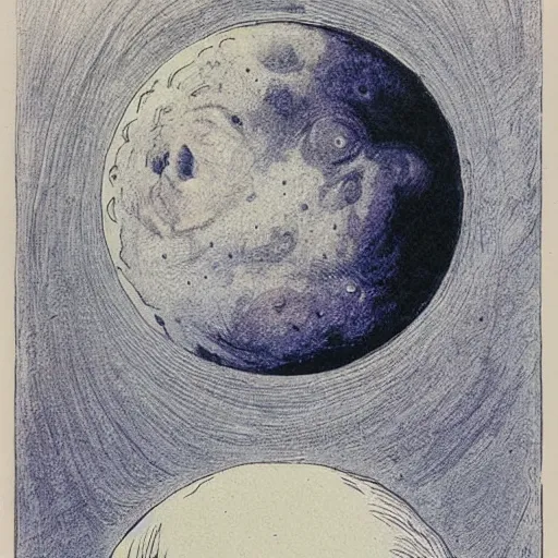 Image similar to dan morris celestial talking moon portrait, side view, surrounded by clouds, illustrated by peggy fortnum and beatrix potter and sir john tenniel