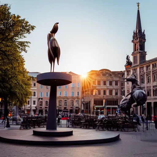 Prompt: a bronze sculpture of taylor swift in the middle of the town square with a pigeon standing on top of it, golden hour, street photography