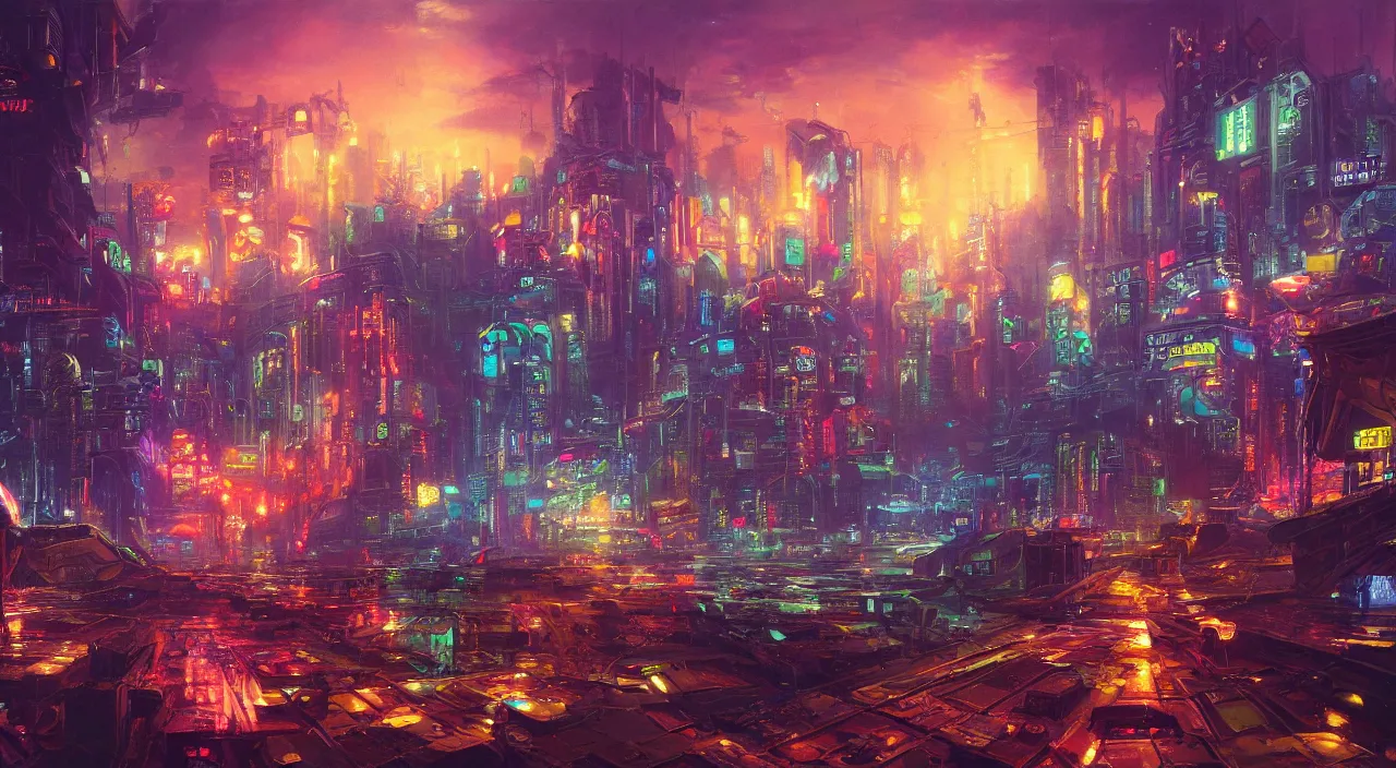 Image similar to a Stunning oil painting of A Great cyberpunk city on the sea by Paul Lehr,concept art,Retro colour,hyper detailed,8K Resolution