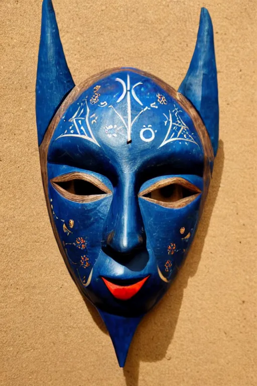 Prompt: a flat carved wooden elf mask face with staring real goat eyes and intricate ornate detail, floating against a dark blue background with stars shapes, vividly coloured, highly detailed, vintage european folk art, colour photograph