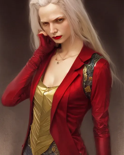 Image similar to female queen vampire, perfect face, gold waistcoat, red shirt, long grey hair, red necktie, cinematic, stunning, highly detailed, digital painting, artstation, smooth, hard focus, illustration, art by artgerm and greg rutkowski and alphonse mucha