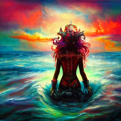 Image similar to warrior sea goddess full frame, beautiful composition, wide angle, colorful, cinematic, volumetric lighting, intricate details painting