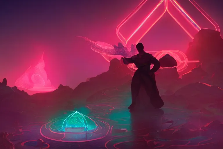 Image similar to wide ((wide)) photo of beautiful Jesse Faden (((dynamic neon lighting)) in solar temple with glowing birds, elegant, highly detailed, sharp focus, illustration, beautiful, geometric, trending on artstation, battlefield, cinematic, artwork by Tran, Ross and Aivazovsky, Ivan