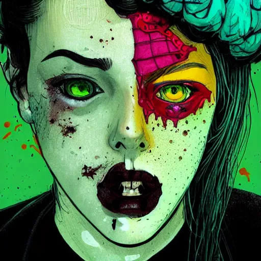 Prompt: Highly detailed portrait of a moody sullen punk zombie young lady with freckles by Atey Ghailan, by Loish, by Bryan Lee O'Malley, by Cliff Chiang, inspired by image comics, inspired by graphic novel cover art, inspired by papergirls !!!vivid green, brown, black, yellow and white paint spatter color scheme ((gradient grafitti tag brick wall background)), trending on artstation