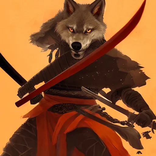 Image similar to commission portrait of a orange wolf dressed as a samurai holding a katana,dramatic,character design by charles bowater,greg rutkowski,ross tran,hyperdetailed,hyperrealistic,4k,deviantart,artstation,professional photography,concept art