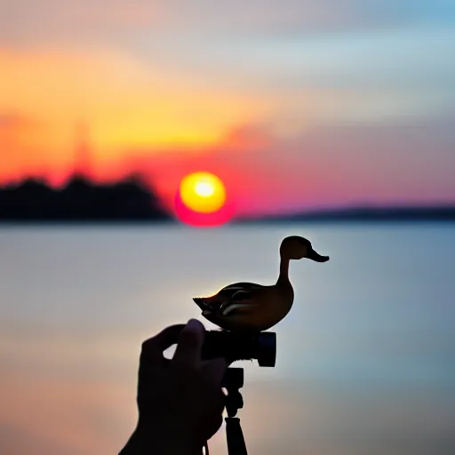 Prompt: a duck who's a photographer, duck is holding a camera, with sunset in the background